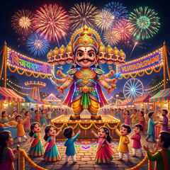 Fototapeta premium Vijayadashami Dussehra Ravana Dahan Cartoon Illustration, Giant Ten Headed Ravana Effigy and Fireworks in Fair Ground 