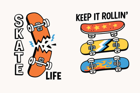 Retro skateboard stickers with Skate Life text, hand drawn broken skateboard deck vector, vintage skate culture graphics for t-shirt design