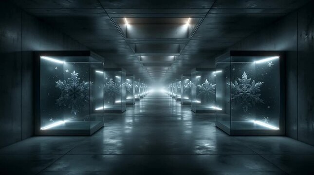 Surreal underground archive with every snowflake stored in illuminated glass cases, endless elegant corridors, creating a futuristic museum atmosphere with cinematic, ethereal lighting.