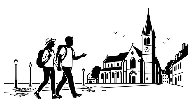 A young couple walking together while wearing backpacks in a city.