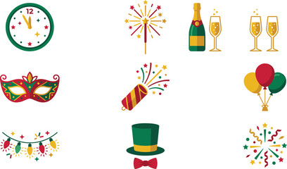 Obraz premium New Year celebration vector icon set featuring midnight countdown clock, champagne bottle, party popper, fireworks sparkler, carnival mask, balloons, and festive top hat.
