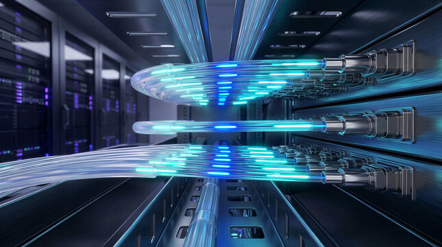 Ultra-modern fiber optic communication infrastructure with glowing transparent optical cables transmitting high-speed data inside a futuristic data center.