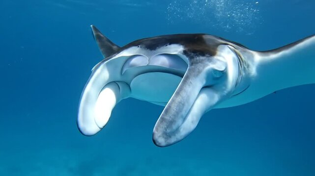 Majestic Manta Ray Gliding Gracefully Through Clear Blue Ocean Water, Underwater Wildlife Photography, Marine Life Conservation Concept.