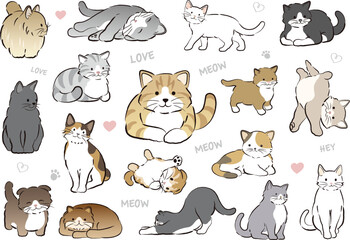 Fototapeta premium Cute cartoon cats in various poses, colors, and expressions including sitting, sleeping, and playful poses
