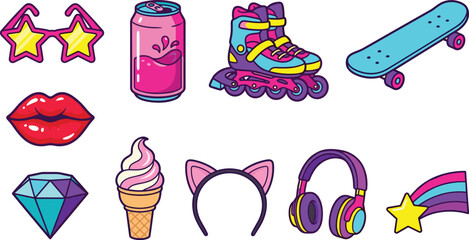 Retro pop vector icon set featuring neon inline roller skates, skateboard, star sunglasses, soda can, red lips, diamond, and cat ear headband. © MdJillur