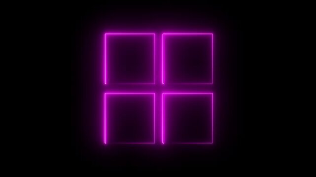 Glowing neon square rectangle picture frame icon animation shape frame border frame photo frame neon box sign symbol. neon display box round screen photo frame retro movement with black background. 4k