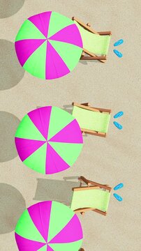 Summer top view animation with umbrella, lounge chair, flip flop 