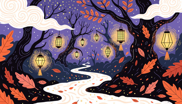 A winding path through a magical forest at night with glowing lanterns