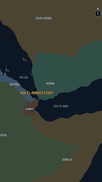 Vector map zooms from Horn of Africa and Yemen toward Bab-el-Mandeb Strait, revealing Djibouti and Aden ports, minimalist night-blue establishing shot