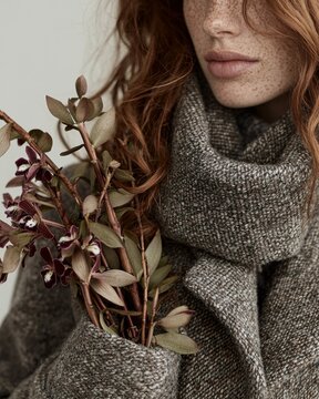 Elegant Beige Sweater With Orchid Accents and Natural Textures in Cool Tones