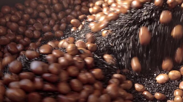 Macro shot captures glossy roasted chestnuts cascading through fine black sand grains, rich texture of traditional roasting method