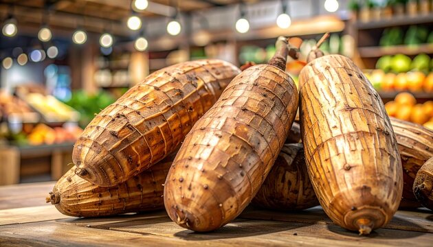 Fresh Cassava Roots on Wooden Table in Market Background
