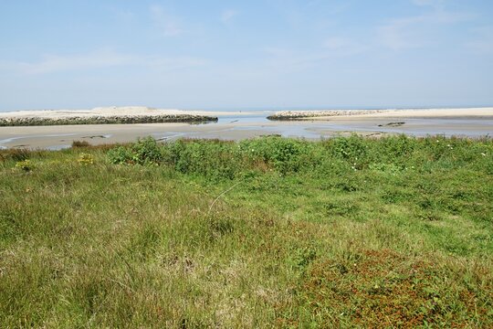 Coastal landscape with an estuary opening into the sea. Esponede, Norte - Portugal