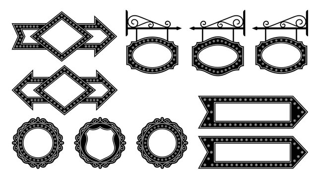 collection of vintage marquee frame designs, retro signage elements with ornate borders, arrow shapes, and oval signs, suitable for decorative