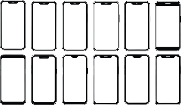 Modern smartphone vector template set with blank white screens and black line art frame wireframes for app design display