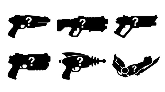 Silhouette collection of futuristic ray guns and sci-fi weaponry with question marks, science fiction and retro game design elements