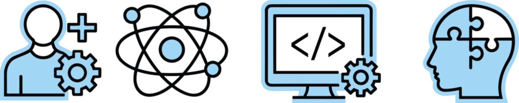 Technology and science line icon set featuring human resource, atom, computer coding, and psychology puzzle vector