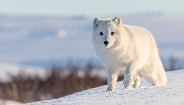 Arctic fox walking on snowy landscape in winter.