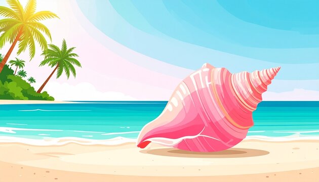 Pink feather fan on tropical beach with palm tree.
