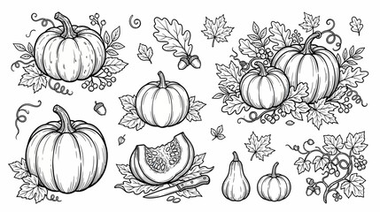 Hand-drawn pumpkin illustrations with autumn leaves and acorns, black and white sketch © Pensil