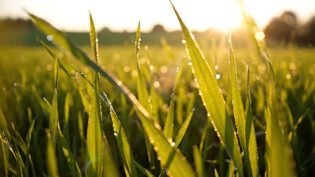 朝日に照らされてキラキラと輝く朝露がついた新鮮な若草のシネマティックなマクロ背景動画