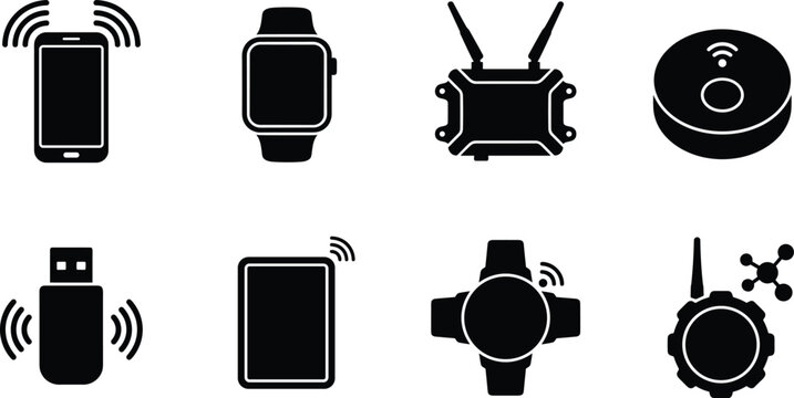 Wireless Smart Device and IoT Technology Vector Icon Set with Connected Electronics
