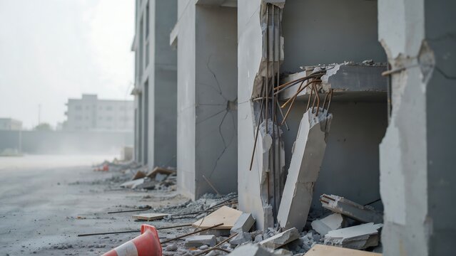 Damaged concrete building structure showing exposed rebar and debris scattered around the site