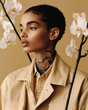 Elegant Woman with Orchid and Skin Tattoo Posing Against Beige Background