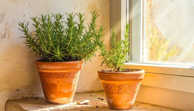 Two terracotta pots with small green plants indoors by window.