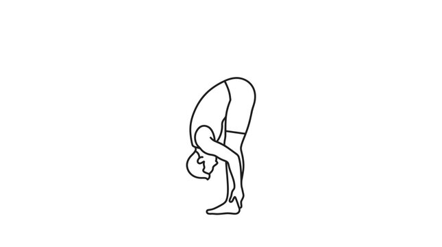 A line drawing of a person performing a standing forward fold yoga pose.