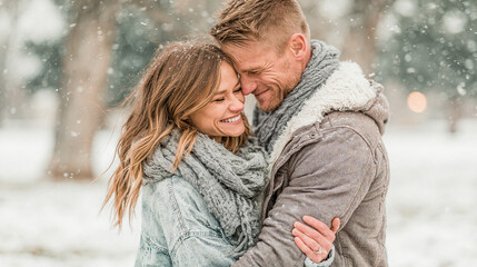Fototapeta premium Romantic couple hugging and smiling in the snow during winter park walk with outdoors, seasonal