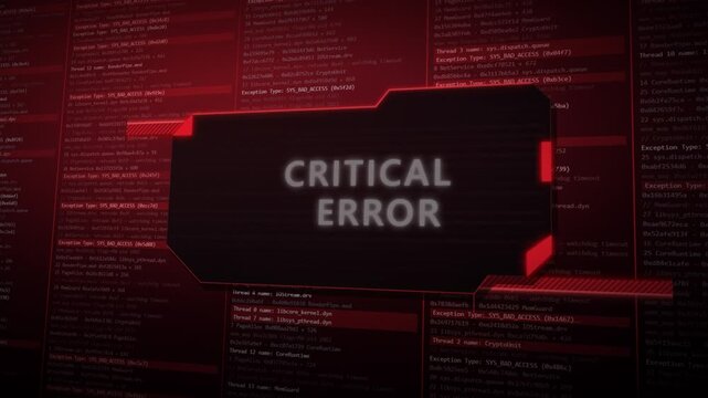 Red 3D critical error warning box popping out of a computer screen with scrolling system crash logs