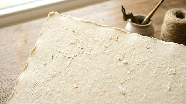 Vintage handmade paper with deckled edges, rustic textured parchment on wooden table, antique calligraphy tools and twine for scrapbooking