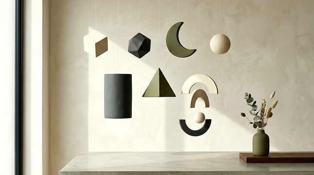 Minimalist geometric wall art, modern abstract shapes in earth tones, contemporary interior decor with 3D sculptural elements and soft sunlight shadows