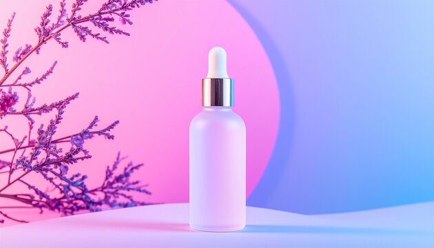 Pink and purple floral perfume bottle on gradient background.