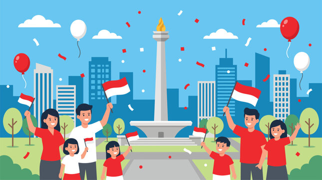 People celebrating indonesian independence day in front of the national monument monas