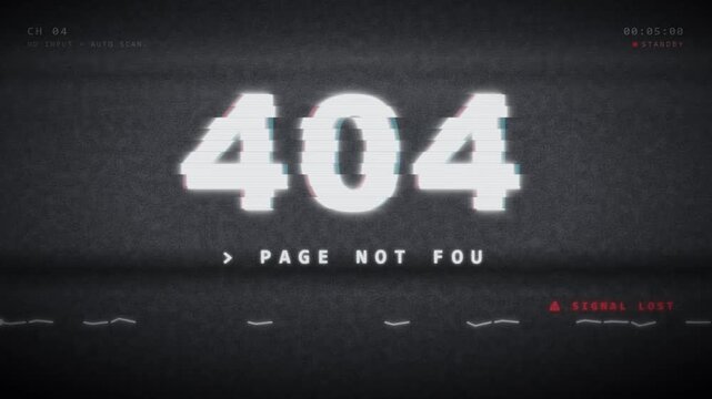 Vintage television screen displaying a glitchy 404 page not found error message with VHS tracking static