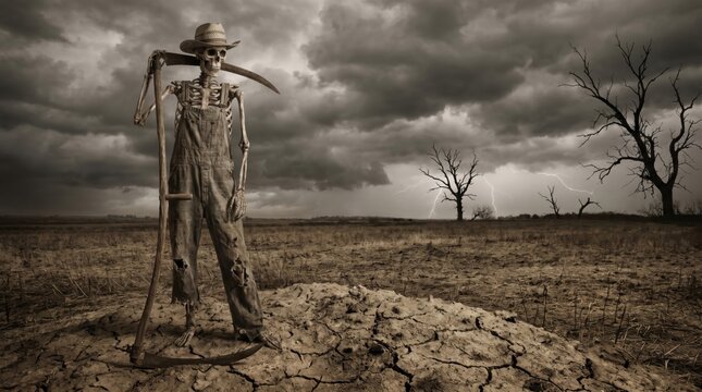 Skeleton Farmer in Overalls Holding a Scythe in a Desolate Dry Cracked Earth Field Under Dark Stormy Lightning Skies