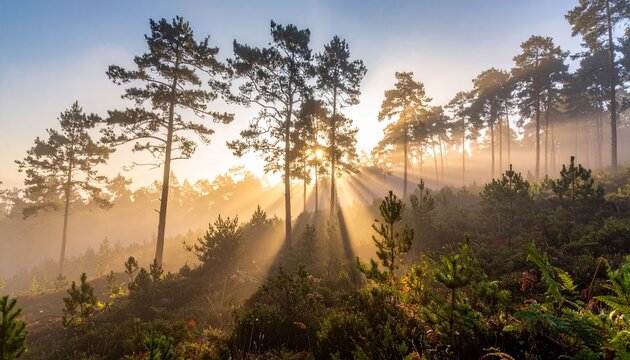 Golden hour sunrise over serene pine forest meadow.