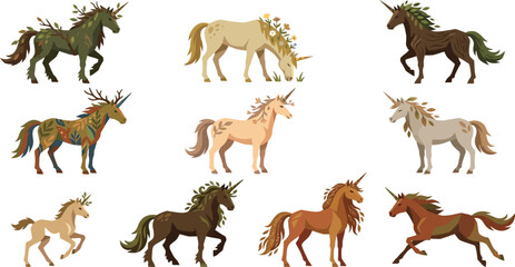 Obraz premium Collection of magical earth toned unicorns with floral and forest elements in a flat vector illustration style