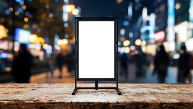 Blank signboard on wooden table at night