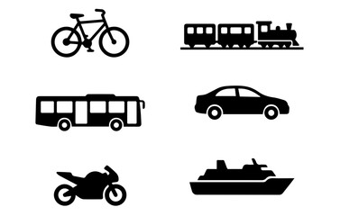 Fototapeta premium Transportation Icons Set: Bicycle, Train, Bus, Car, Motorcycle, Ship, Vector Graphics for Mobility and Travel Concepts