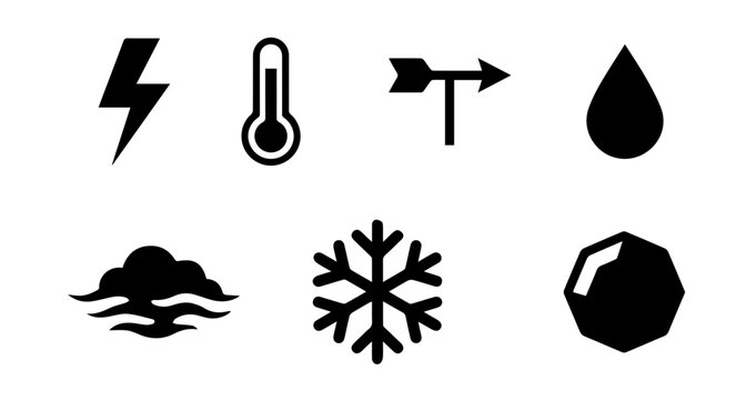 Weather Icons Set: Lightning, Thermometer, Wind Vane, Raindrop, Clouds, Snowflake, Hailstone, Vector Graphics