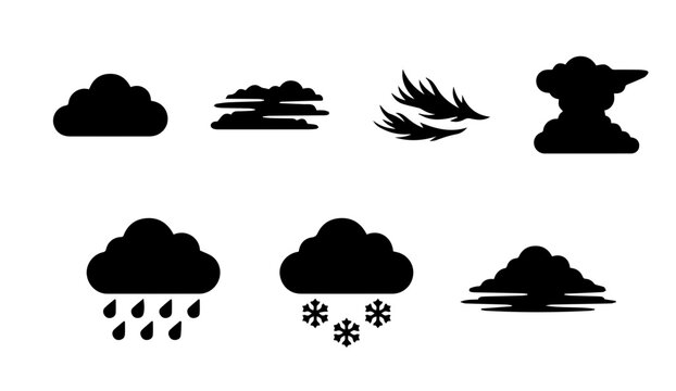 Weather Icons Set, Cloud Symbols Collection, Meteorology Icons, Storm and Rain Graphics, Snowflakes Vector Pack