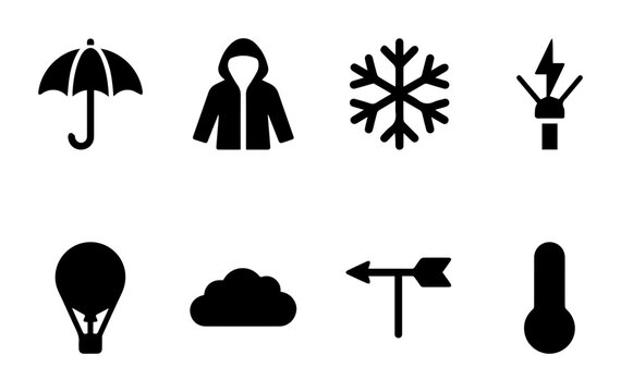 Weather Icons Set: Umbrella, Parka, Snowflake, Lightning, Hot Air Balloon, Cloud, Wind Vane, Thermometer