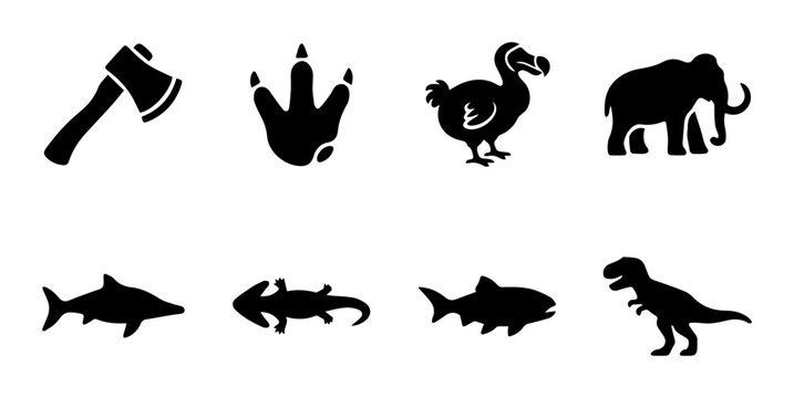 Extinct Animals and Prehistoric Icons, Vector Silhouette Collection