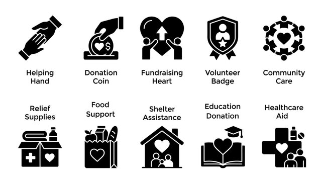 Charity and Humanitarian Aid Volunteer Services Set Vector Illustration Icons