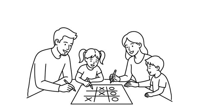 A happy family playing a game of tic tac toe together at a table.