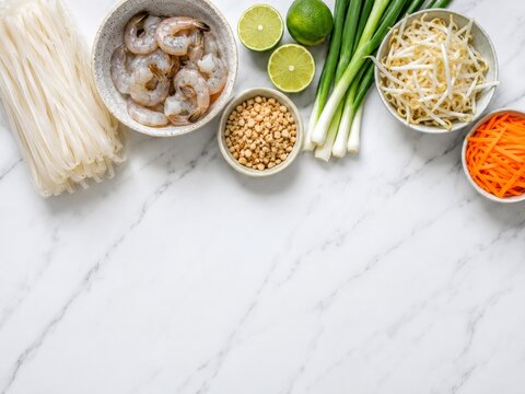 Preparaci&oacute;n de ingredientes para un plato de fideos con camarones y verduras