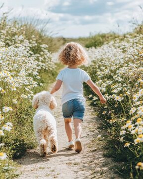 Child and Dog Walking Along a Flower-Lined Pathway in Bright Sunshine